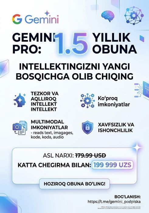 Google Gemini pro 1.5 yillik obunasi