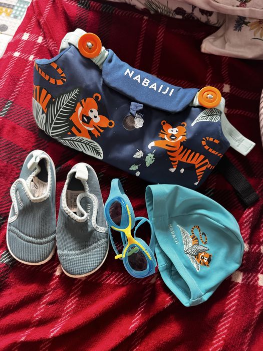Echipament înot copii – centură/vesta + ochelari + papuci + cască