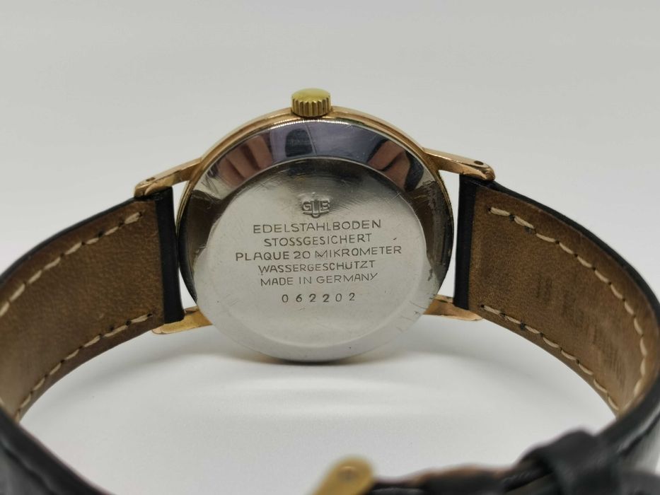 Ceas Vintage GUB Glashutte Spezimatic Ceas 26 Rubis date Made in Germany placat aur 20 microni curea piele