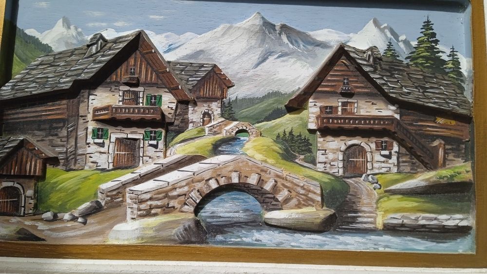 Tablou din lemn in relief 3D pictat/exacutat manual, peisaj din Alpi