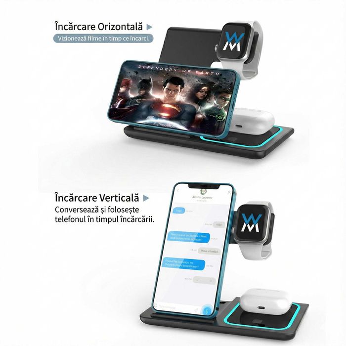 Statie Incarcare Wireless 3-in-1 Pliabila Wyred by Monga Qi 15W Alb