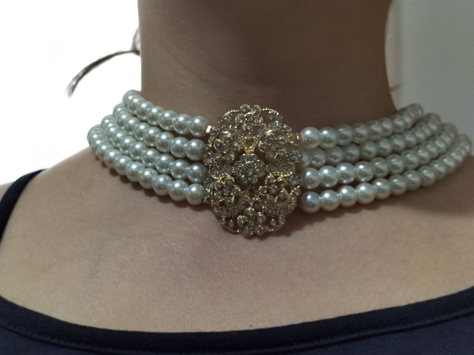 Set elegant colier ( 42 cm) + brățară reglabilă cu perle și cristale