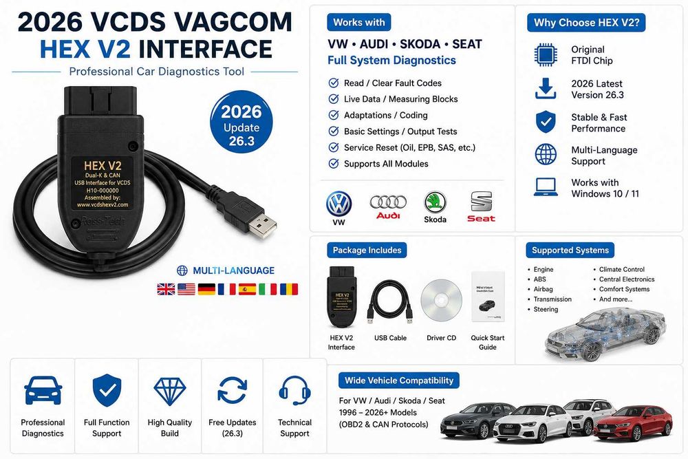 VCDS Diagnoza VAG 26.3 HEX V2 VAGCOM versiune completa FULL compatibilă VW / Audi / Skoda / Seat Lb. Romana Engleza