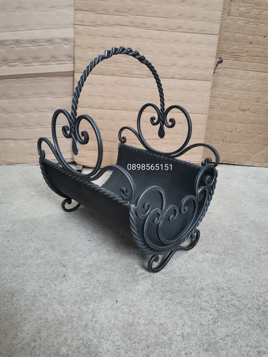 Кош за дърва с прибор за камина, лопатка, маша, дилаф, ръжен,