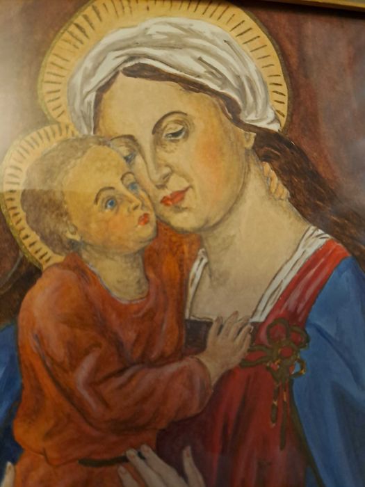 icoana Fecioara Maria cu Pruncul desen acuarele 16/21,5 cm