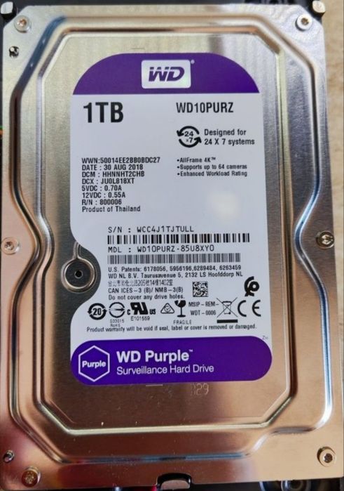Твърд диск WD HDD 1 TB, PURPLE версия,за видео наблюдение