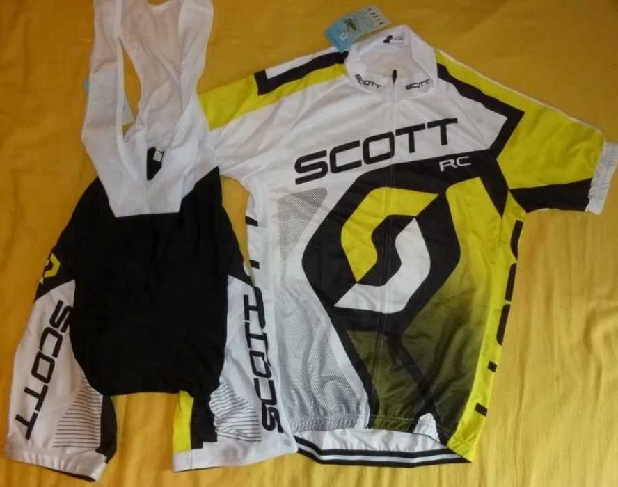 Echipament ciclism Scott negru rosu galben NOU set pantaloni tricou
