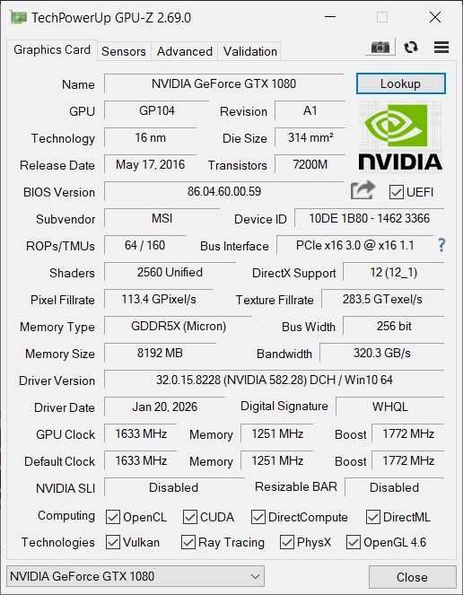 Видеокарта MSI GTX 1080 AERO 8GB GDDR5X