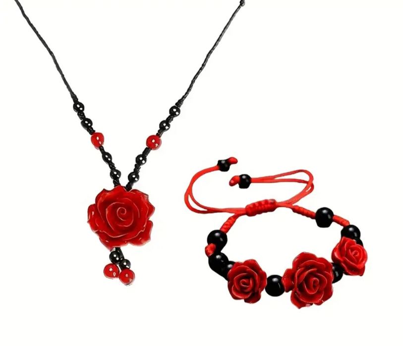 Set de colier și brățară din rășină vintage cu trandafiri roșii