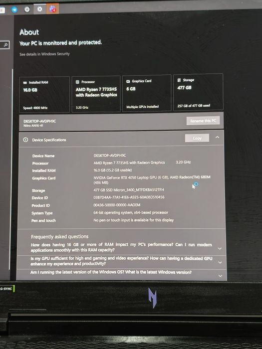 Acer Nitro 16 (СРОЧНО) — Ryzen 7 / RTX 4050