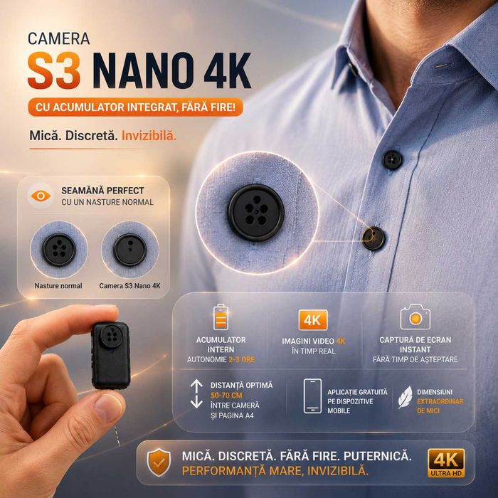 Casca de copiat - Casti de copiat iCheat S3 Nano 4K Fara Fire, Mini Camera in Nasture, Discreta 4K UHD Nou 2026