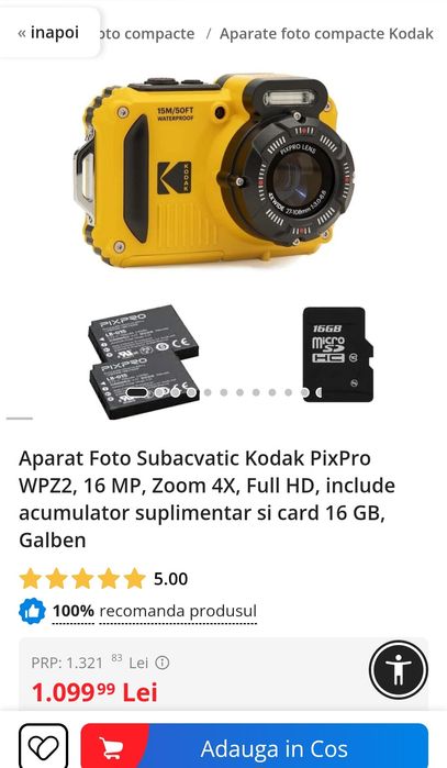 Aparat Foto Subacvatic Kodak PixPro WPZ2, 16 MP, Zoom 4X, Full HD