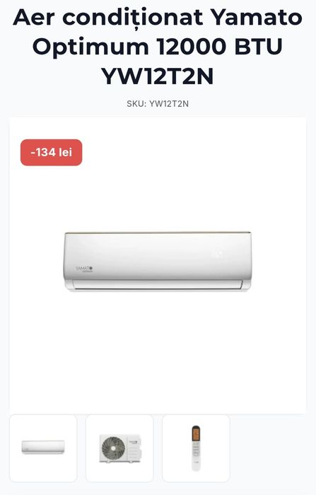 Aparat Aer condiționat YAMATO Optimum 12000BTU , 2 ani garanție +Montaj profesional, Igienizare, încărcare cu freon