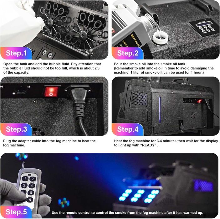Dispozitiv de bule cu fum greu de 1500 W și telecomandă, 18 LED-uri RGB, compatibilitate DMX512, control independent al funcțiilor de fum și bule