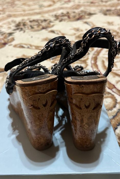 CHANEL Platform Wedge Sandals Chain Black Cork 38,5