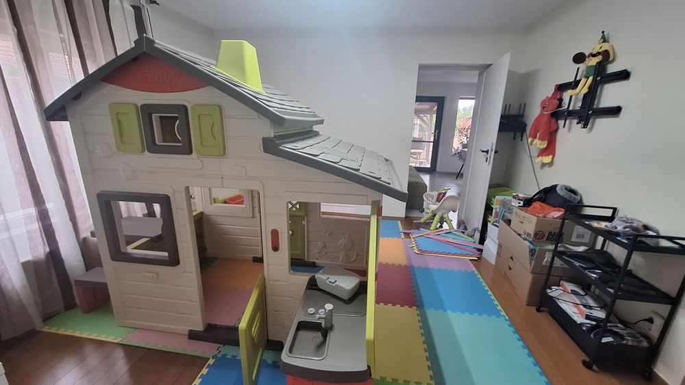 Set complet Smoby: Căsuță Friends House + Supermarket + Cărucior + Accesorii