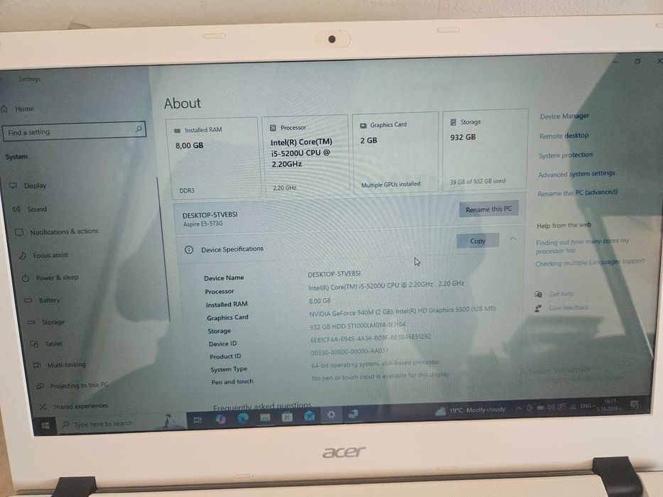 Acer Aspire N15Q1 1TB HDD 8GB RAM i5 2.20GHz