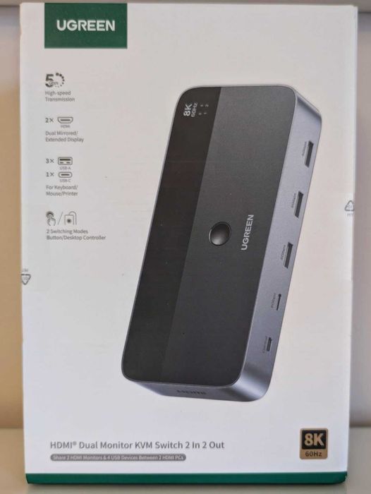 UGREEN 8K/60Hz HDMI 2.1 KVM превключвател за 2 монитора и 2 компютъра