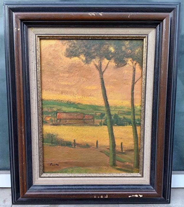 Tablou vechi - apus peste sat - semnat Baba