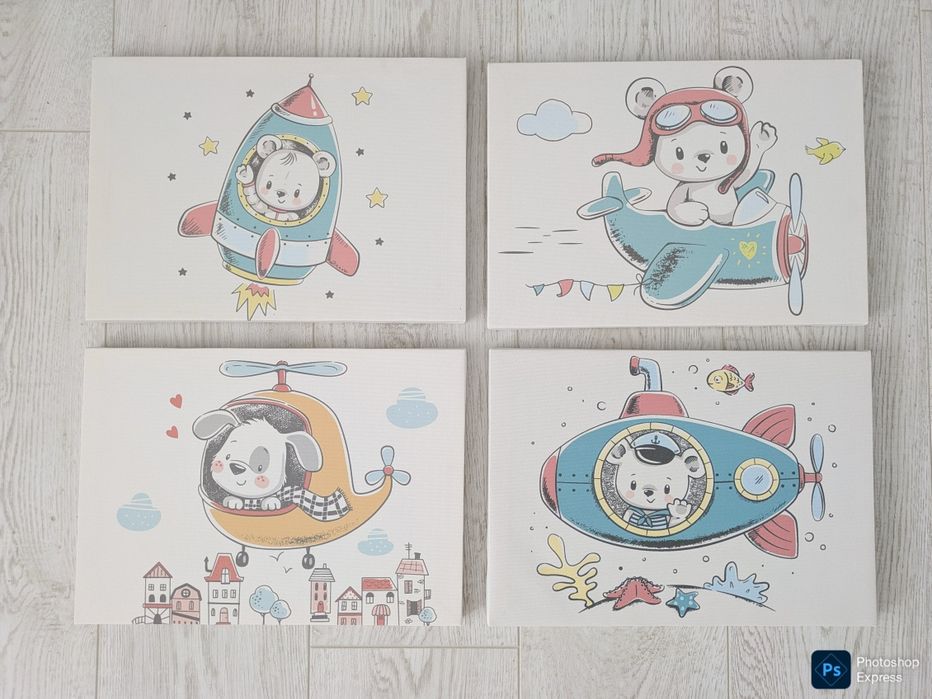 Set 4 tablouri printate pe panza pentru camera copiilor