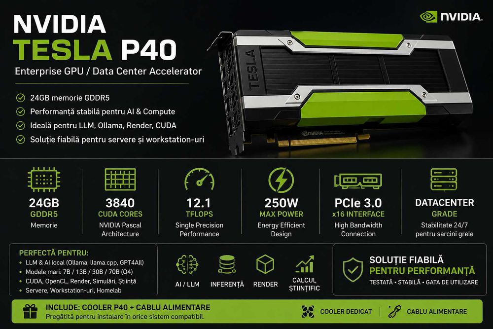 Placi Video NVidia TESLA P40 GPU Accelerator 24GB VRAM GDDR5 384-bit - AI / LLM / Ollama – Cooler + cablu alimentare