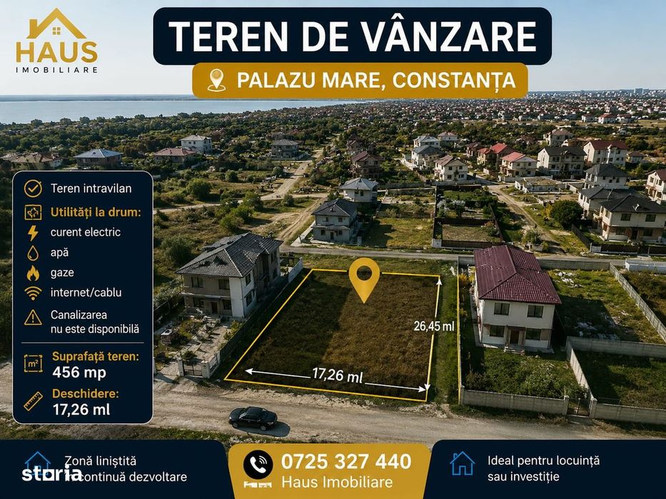 Palazu Mare  Teren Intravilan 456 mp  Deschidere 17,80 ml  Utilitati l