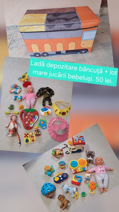 Ladă depozitare băncuțe pentru copil + lot mare jucării bebeluși