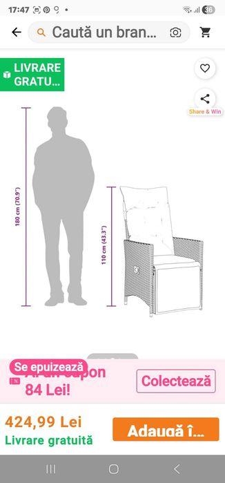 Vand 2 fotolii rabatabile din ratan , cu perne gri ,noi ,nefolosite .Mobilier de gradina