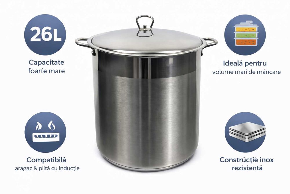 Oala inox 26 litri capac mare pentru gatit cantitati mari