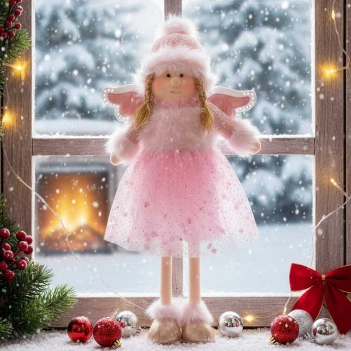 Декоративен текстилен коледен ангел в розово – 80 см