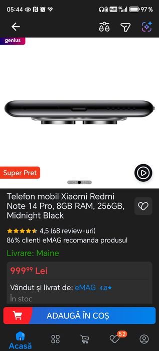 Telefon mobil Xiaomi Redmi Note 14 Pro, 8GB RAM, 256GB, Midnight Blac