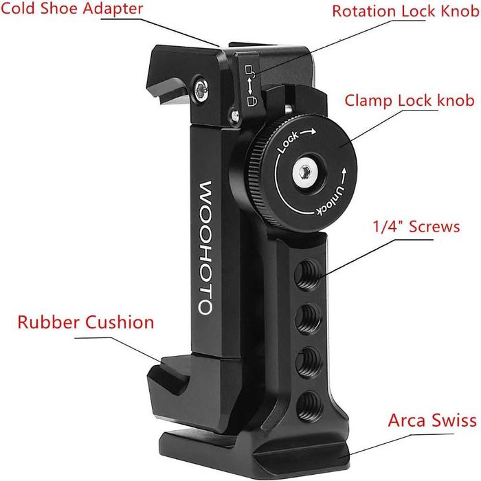 Woohoto JL1618 Метален държач за телефон с 360° Cold Shoe, 1/4” & 3/8”