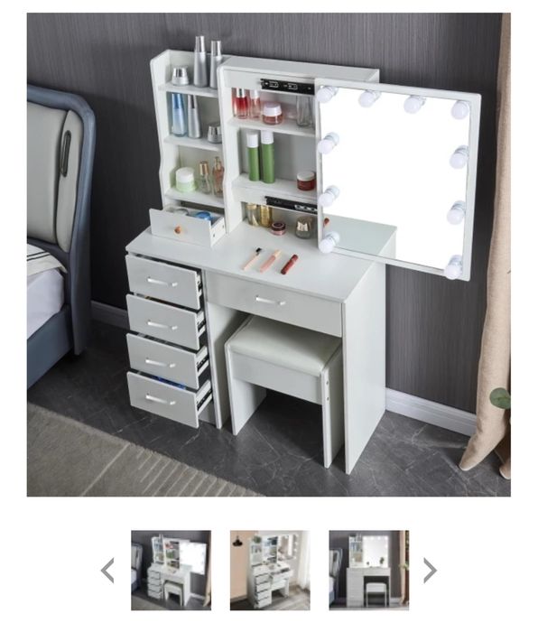 Masuta de toaleta pt machiaj cu oglinda iluminata, 5 sertare, taburet