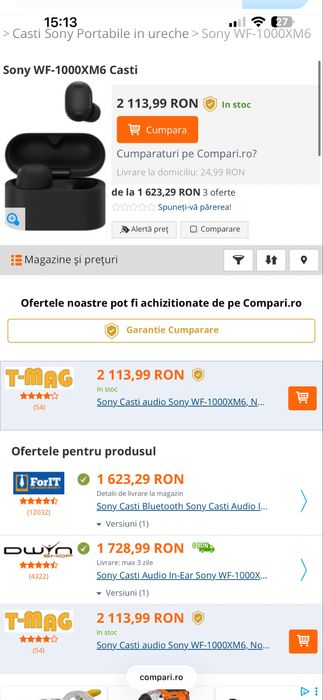 Căști audio Sony wireless cu anulare digitală a zgomotului WF-1000XM6