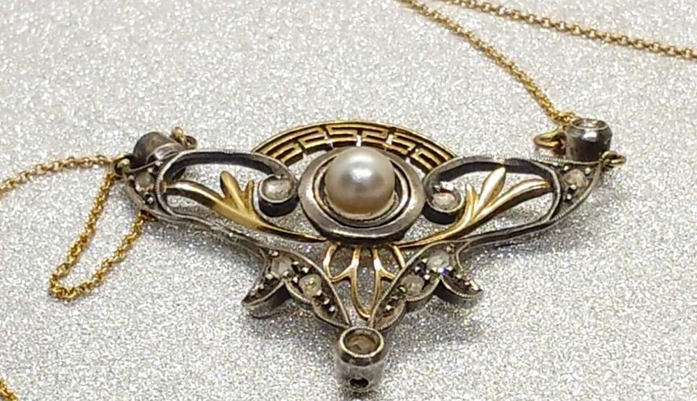 Pandantiv Art Deco cu aur 9K, perlă naturală și diamante rose cut