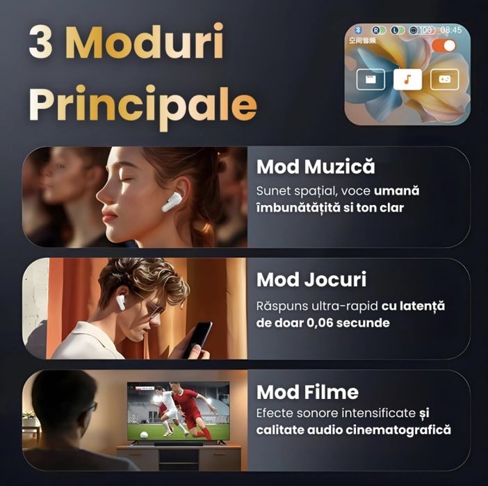 Casti Wireless cu Translator AI, Control APP, Bluetooth si Ecran Digital cu Control Tactil
