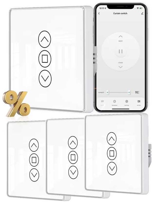 Set 4 intrerupatoare Wi-Fi pentru jaluzele MOES, functie procentaj, timer, control vocal, compatibil Alexa si Google Home, culoare alb