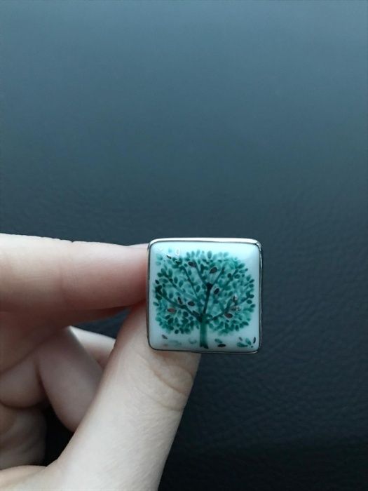 Inel portelan și argint suflat cu platină pictat manual Copacul Vietii