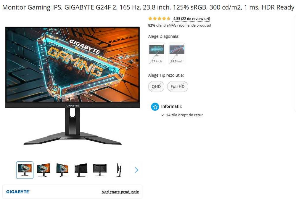 Monitor Gaming GIGABYTE G24F 2 | Ecran SS IPS, 180Hz OC, 1ms