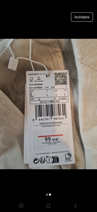 Trenci din in 100% cu rever nou cu eticheta