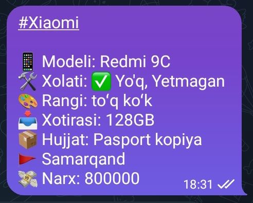 Redmi 9 C ideal holatda sifatiga javob