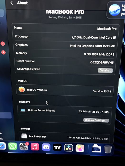 Macbook Pro 13” Full box, i5(2,7), 8Gb , 256Gb SSD, ca nou