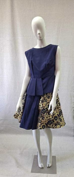 Rochie de Ocazie/Cocktail Elegantă Albastru Marin și Brocart Auriu