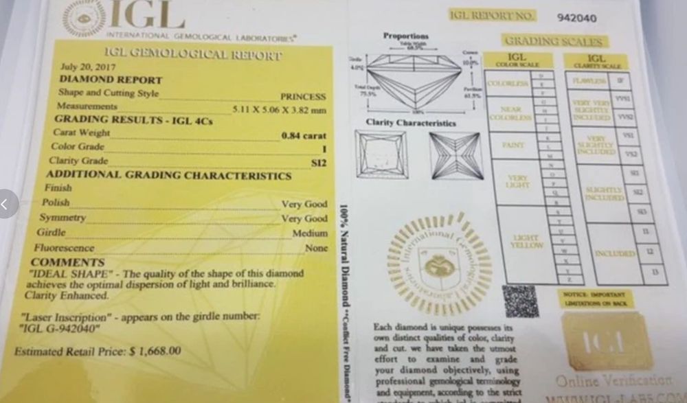 Diamant natural 0.84 ct Princess Cut cu certificat IGL