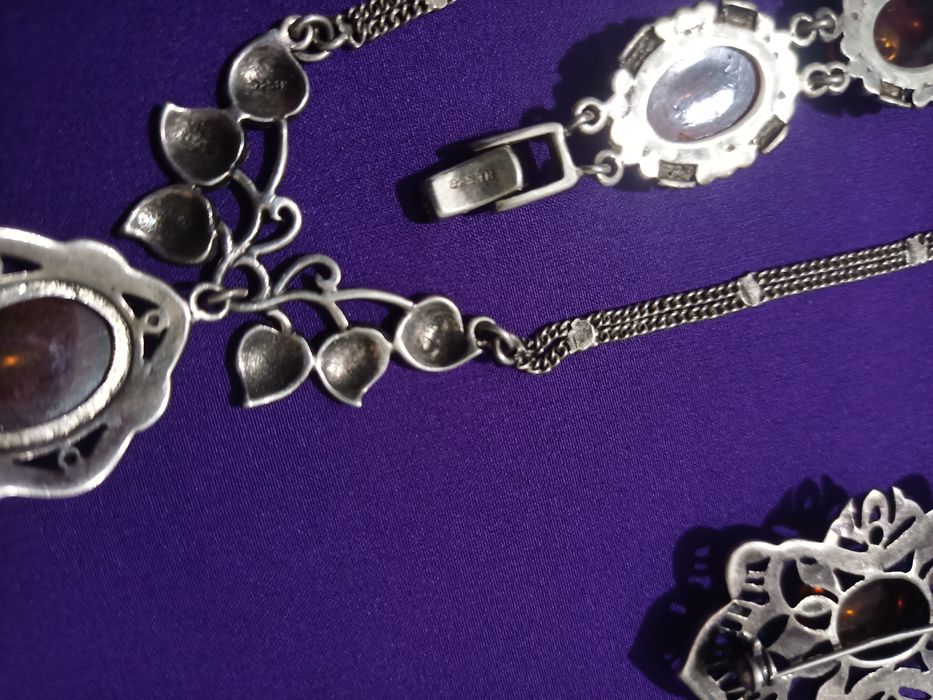 Chihlimbar set vechi in argint 925 broșă inel brățară și colier