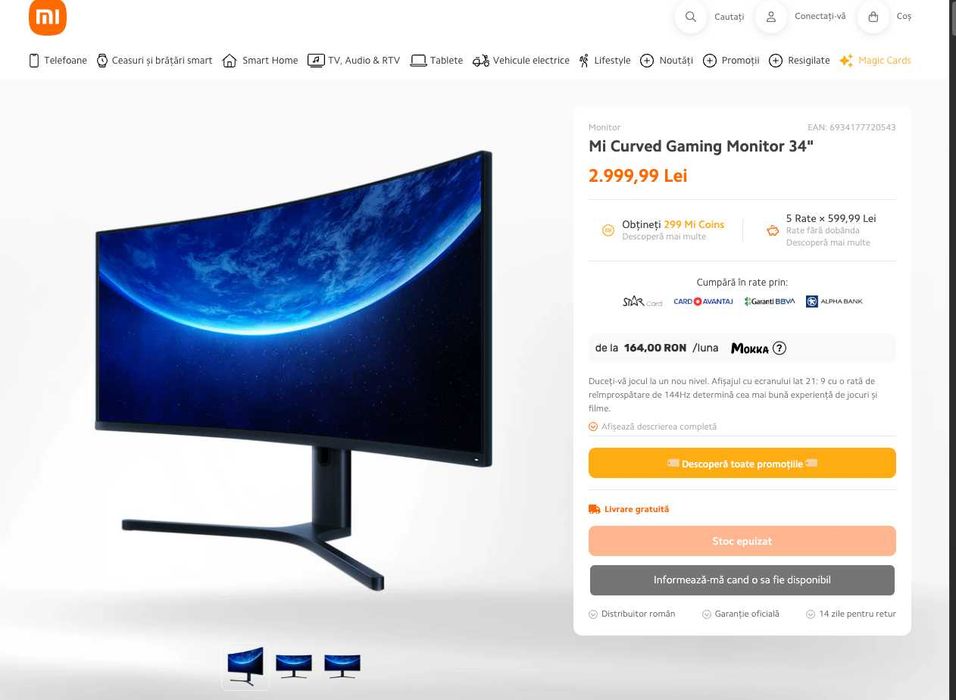 Monitor Curbat Gaming Xiaomi 34'' WQHD, 144Hz, 4ms, FreeSync Premium, Display Port, HDMI