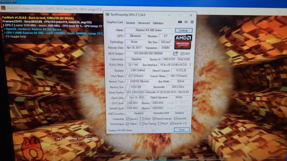 Placa video sapphire pulse rx 580 de 8 gb 256 biti , ca noua, vezi foto cu teste