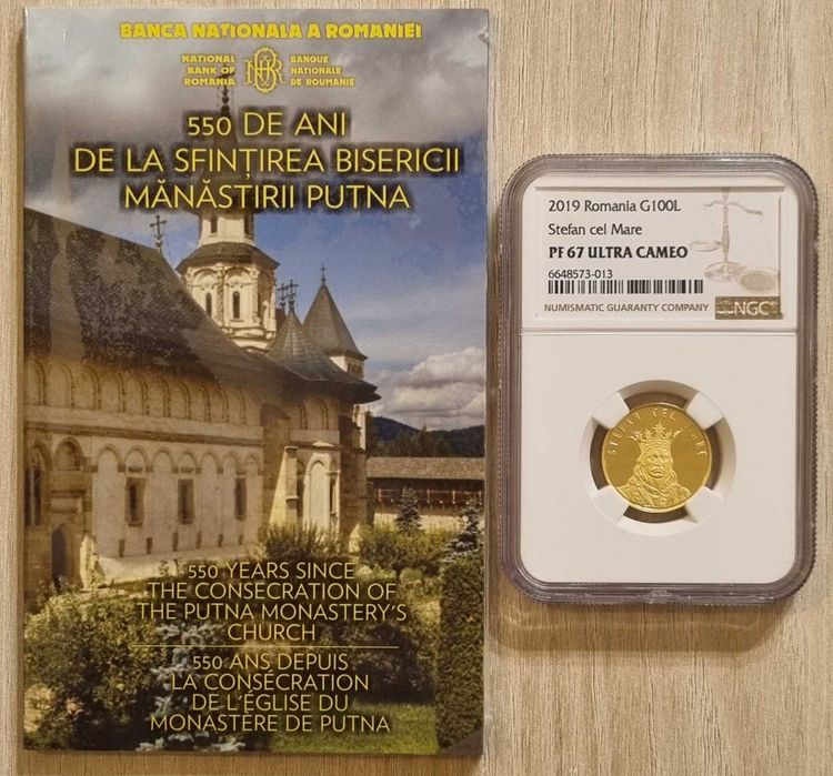 Moneda BNR 100 lei aur Stefan cel Mare Putna gradata NGC PF 67 UC