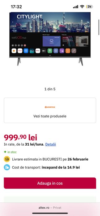 Televizor LED Smart VORTEX V43EVA2WS, 4K Ultra HD, 108cm