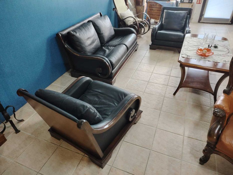 Set rar canapea si 2 fotolii lemn tec mahon piele naturala Danemarca